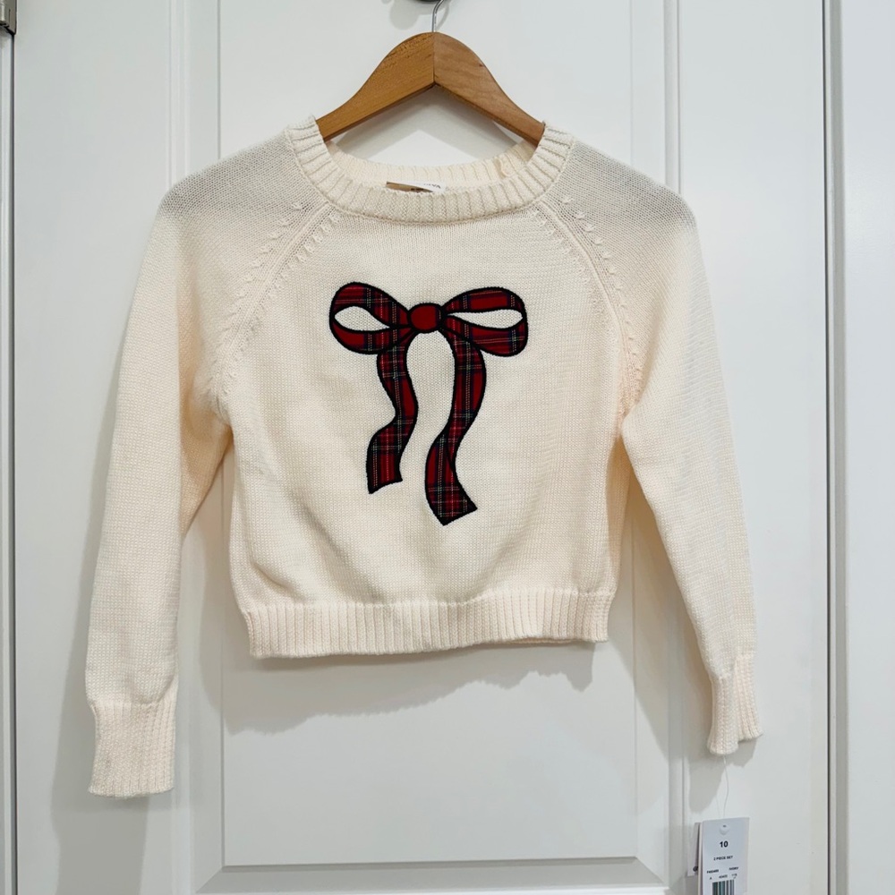Tween Diva Big Girls Off
The Shoulder ivory Sweater red Plaid Bow kids 10 NWT